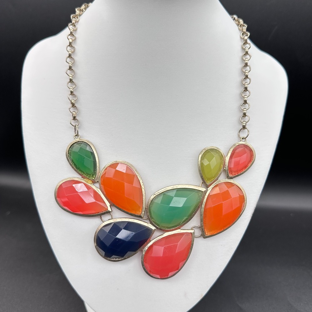 Unbranded Multi Color Teardrop Bib Necklace Silver Tone Resin OS
